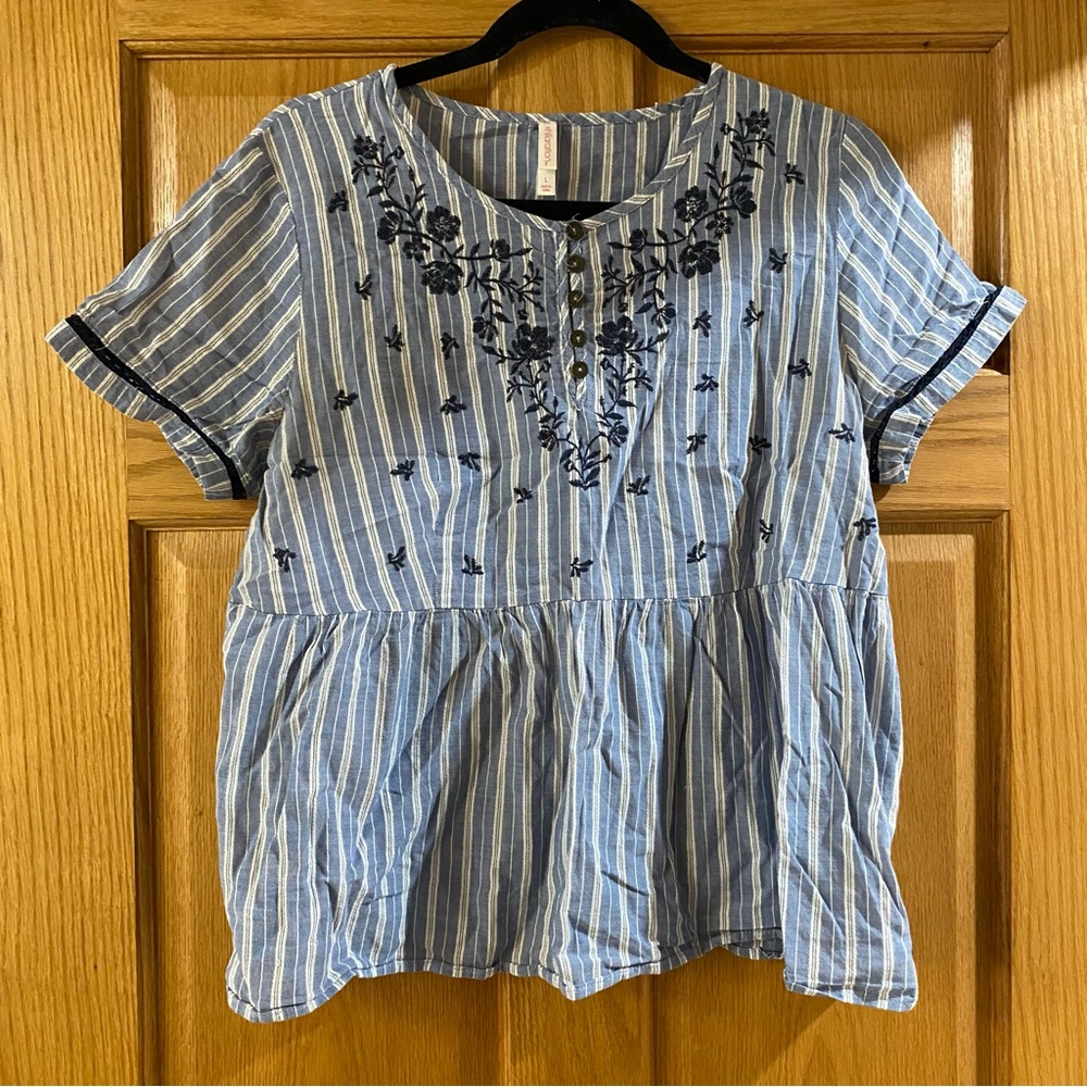 Blue Striped Embroidered Women's Top